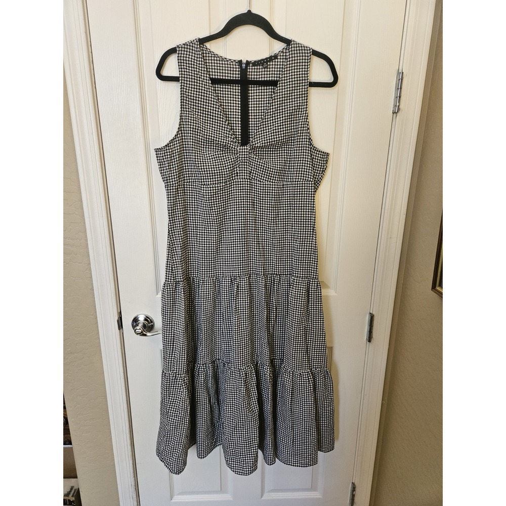 NWT Tiana B. Black White Ginggham Tiered Sleeveless V-Neck Zip Midi Dress, Sz 14